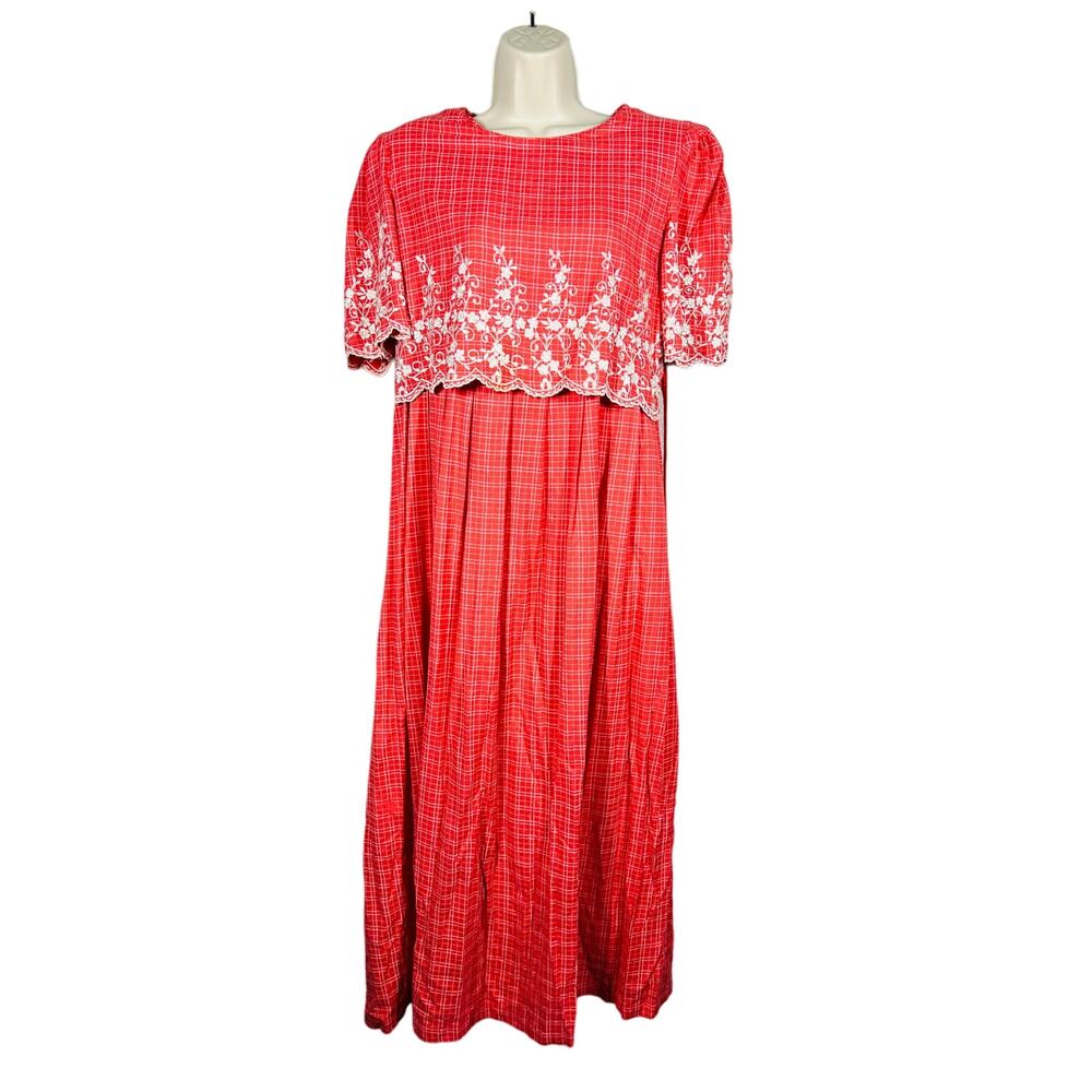 Vintage Sarah Elizabeth Empire Dress Floral Embroider Melon Plaid Country - 6